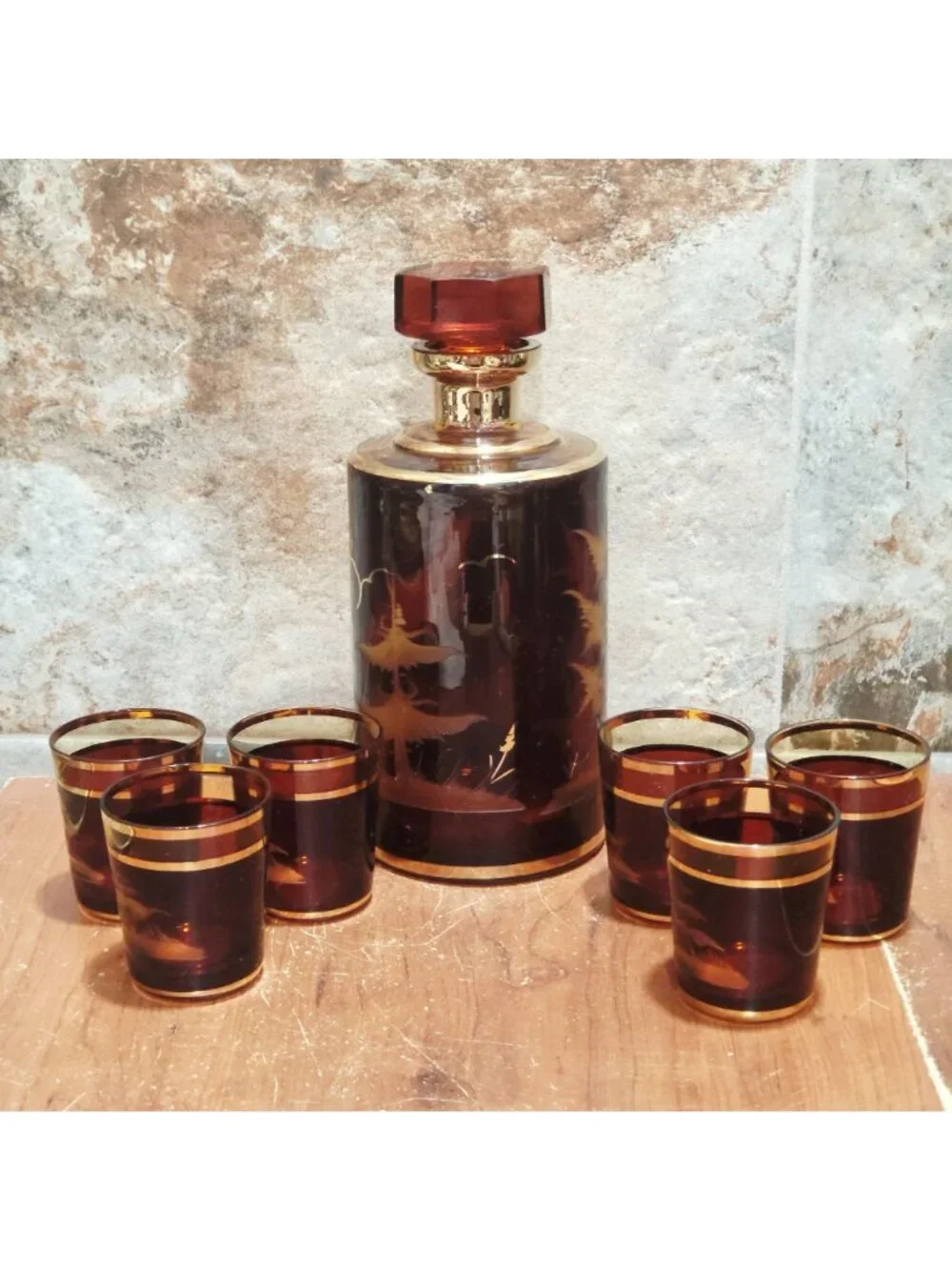 Vintage Bohemian Czech Amber Glass Decanter Etched Deer Stag Motif 24K Gold Trim